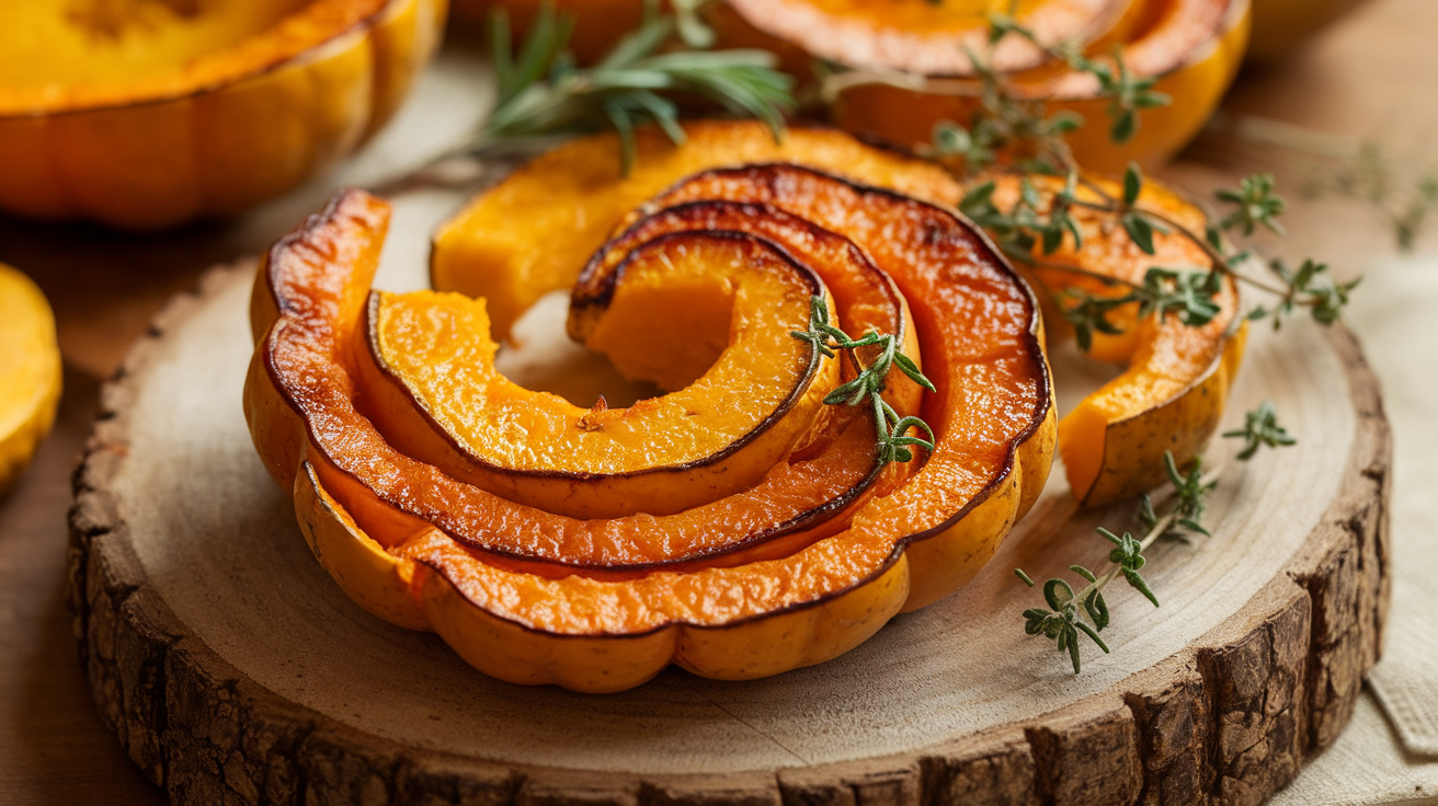 Roasted delicata squash slices garnished with herbs on a baking tray