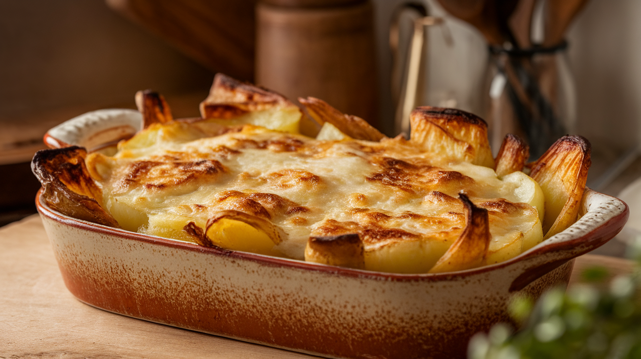 Golden roasted garlic potatoes au gratin with melted cheese and crispy browned edges served in a rustic baking dish.