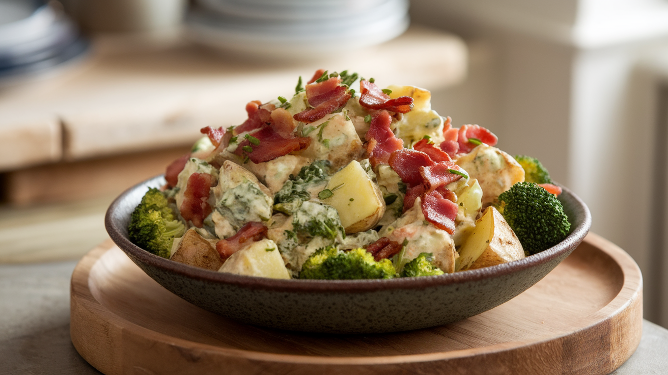 Bowl of roasted potato salad with crispy bacon and bright green broccoli florets, garnished with herbs.