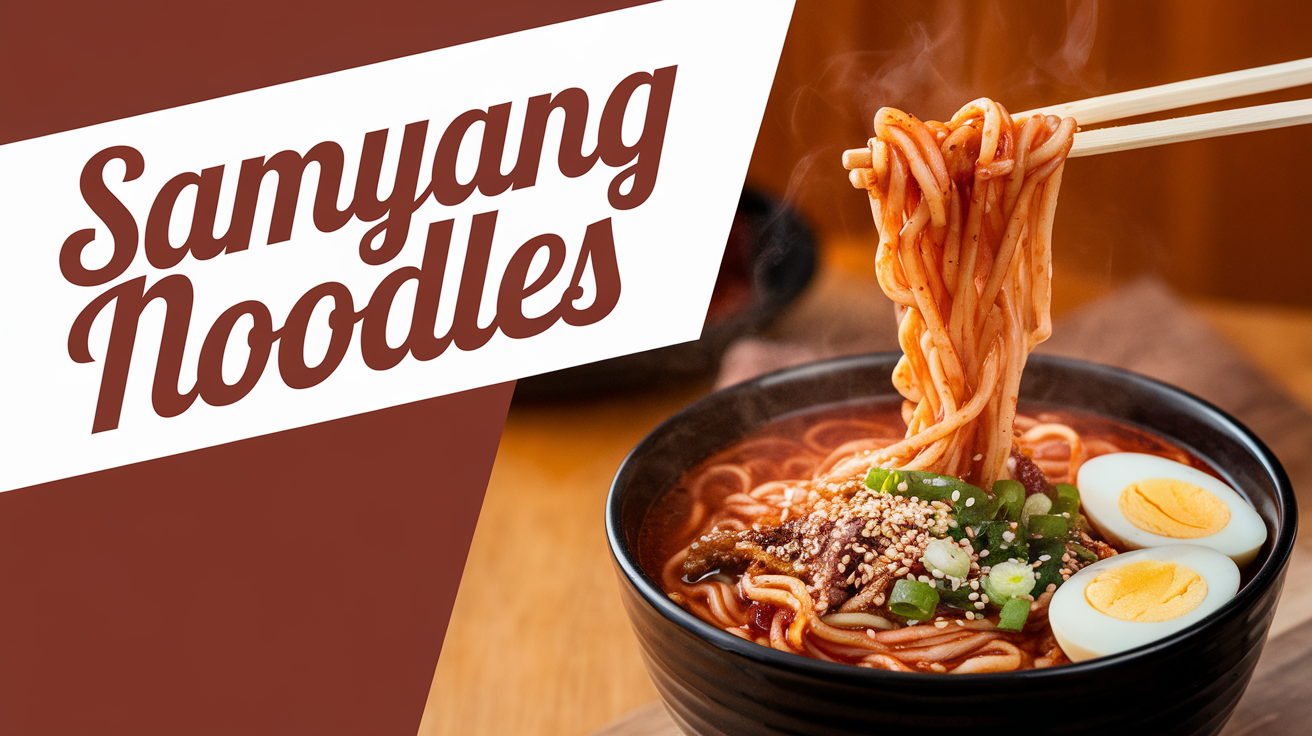 Bowl of spicy Samyang noodles topped with sesame seeds and green onions.