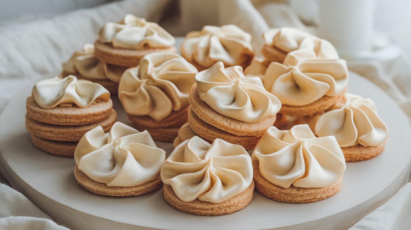 A close-up of beautifully decorated satin cookies with smooth, glossy icing in pastel colors.