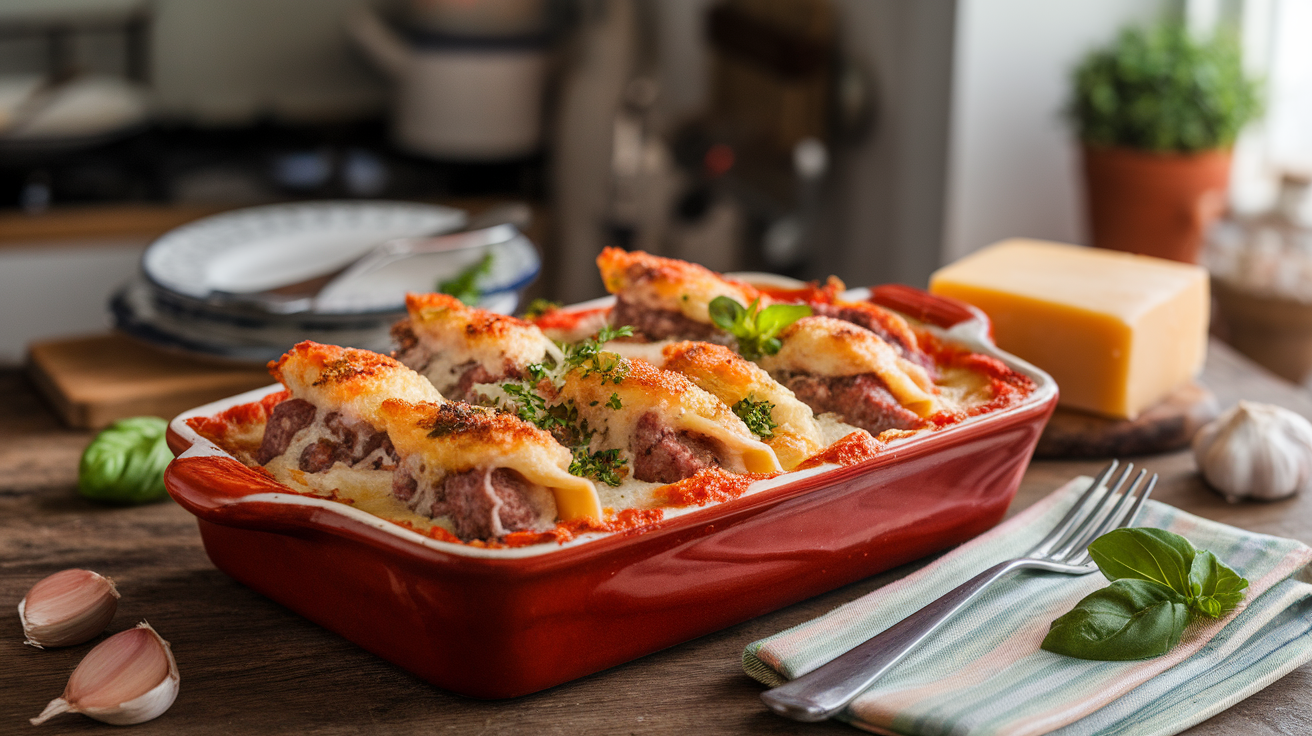 Close-up of baked jumbo pasta shells stuffed with Italian sausage, ricotta cheese, and marinara sauce, topped with melted mozzarella and fresh basil.