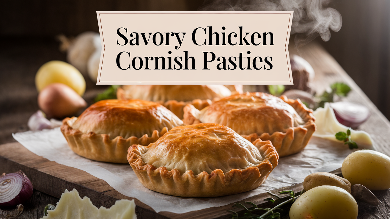Golden-brown Cornish pasties filled with savory chicken and vegetables, displayed on a rustic wooden board.