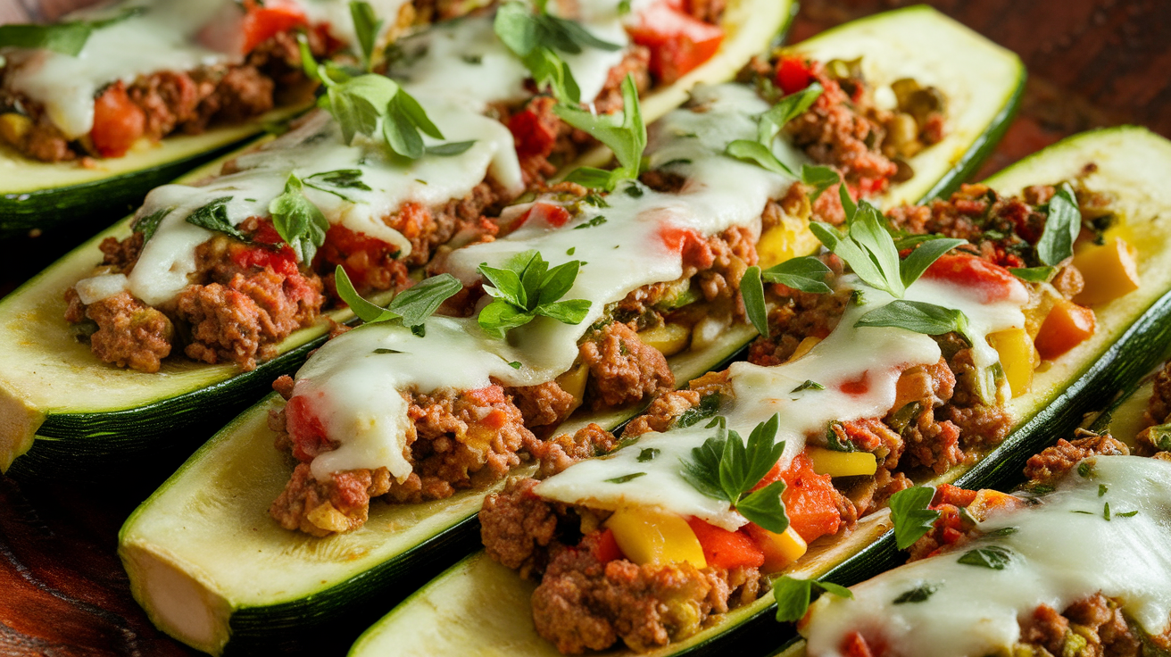 Stuffed zucchini boats filled with a savory mixture of ground meat, vegetables, herbs, and melted cheese, arranged on a baking tray.