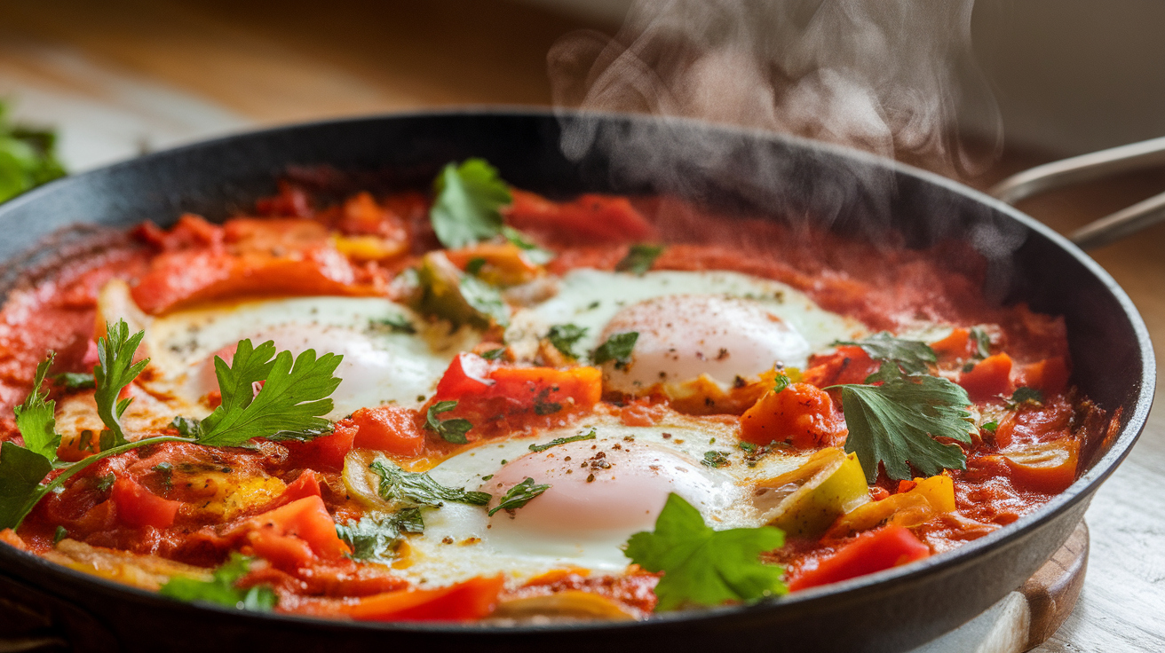 A vibrant skillet of shakshuka with poached eggs nestled in a rich, spiced tomato sauce garnished with fresh herbs.