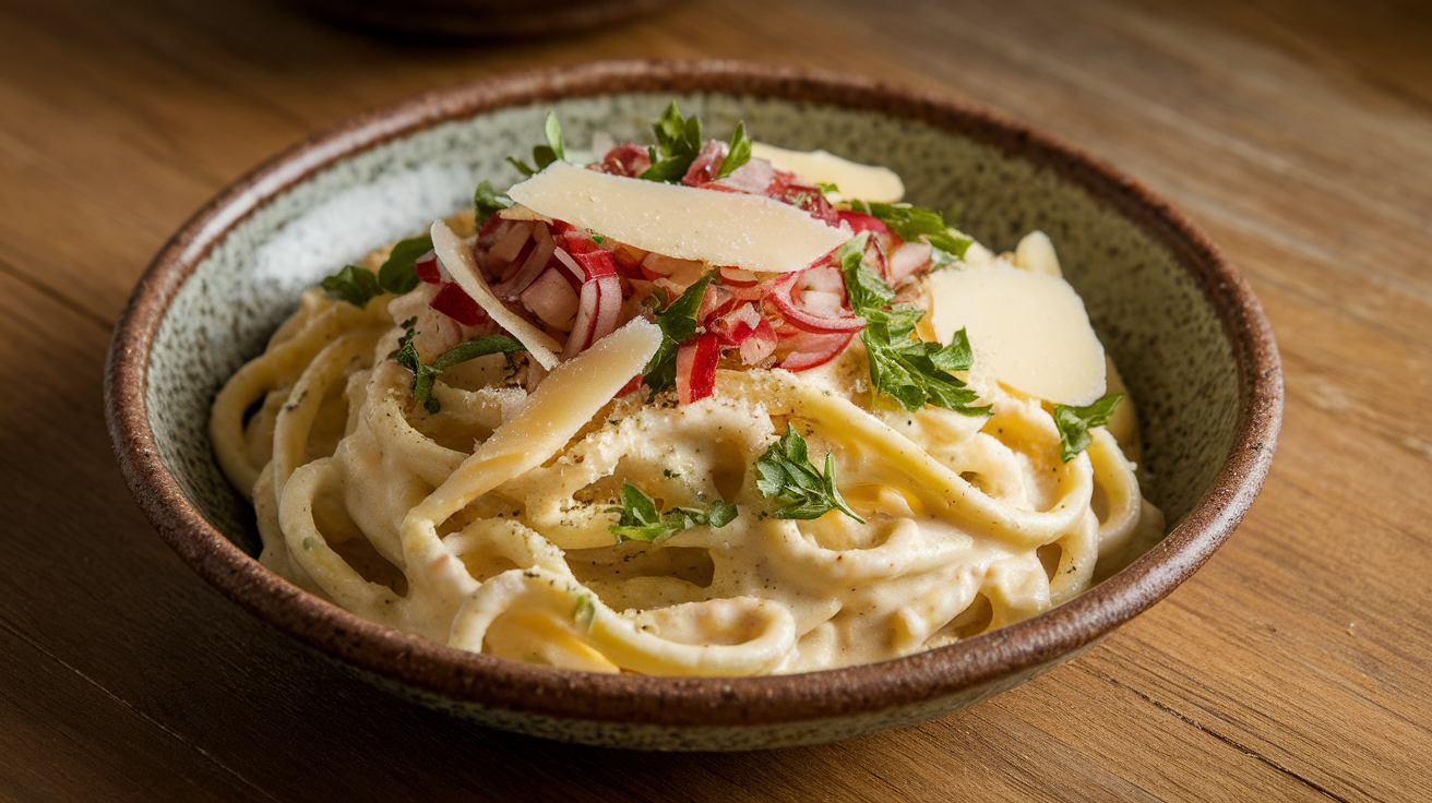 A creamy Alfredo pasta dish garnished with finely chopped shallots and fresh herbs, served in a white bowl.
