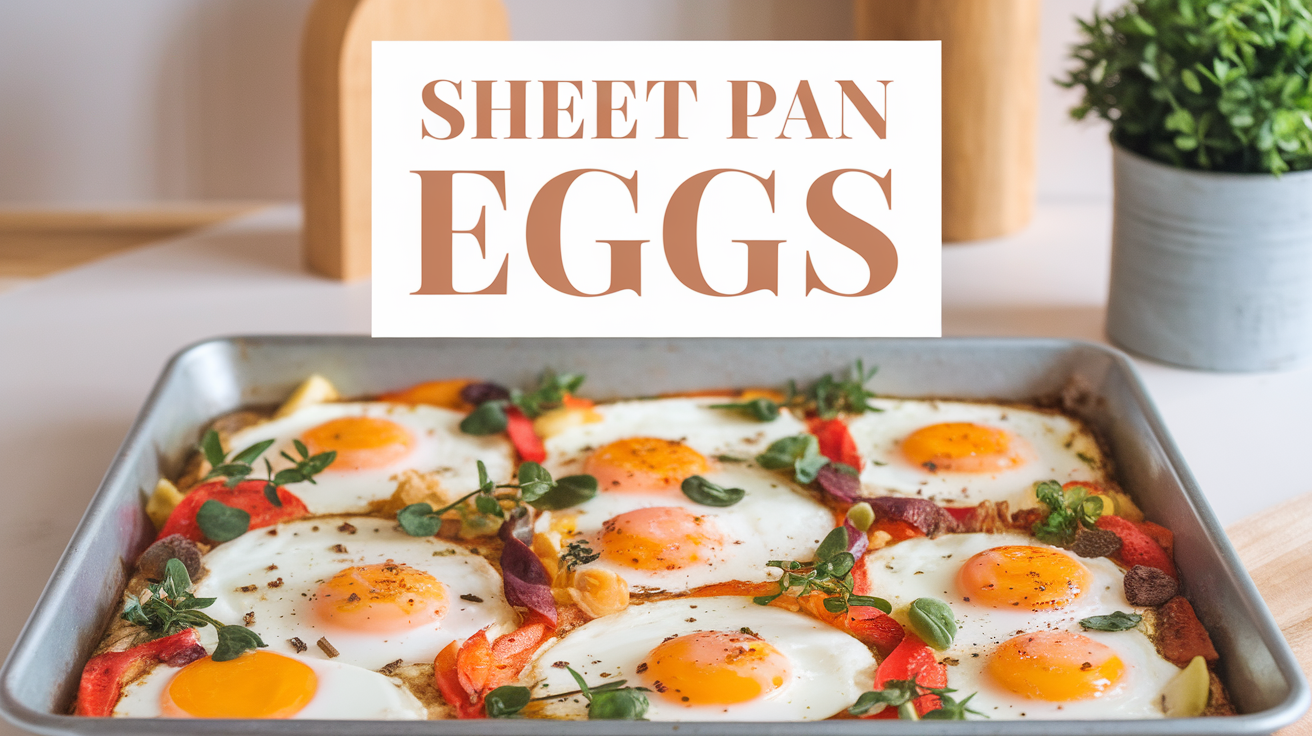 A close-up of sheet pan eggs with vegetables, seasoned and baked to perfection on a baking sheet.