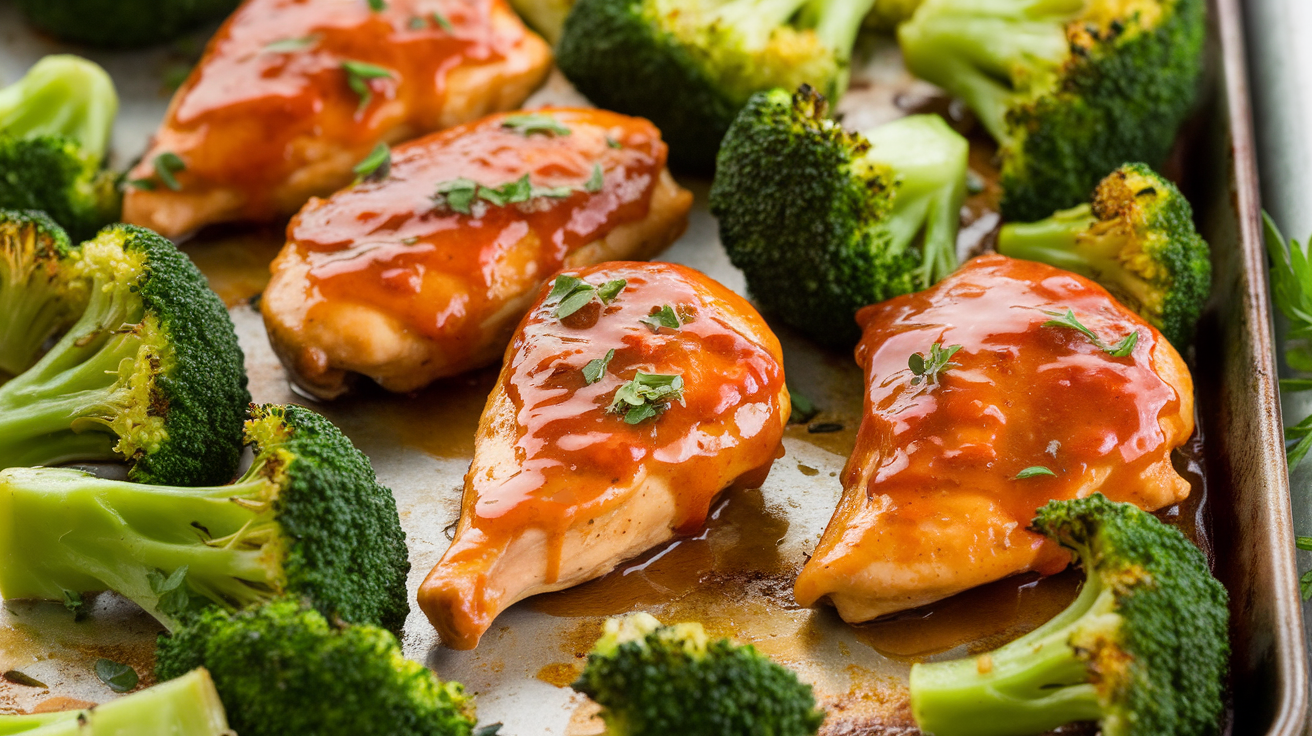 Sheet pan with roasted honey buffalo chicken pieces and bright green broccoli florets.