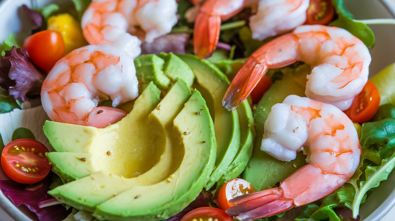 Fresh shrimp and avocado salad with mixed greens and cherry tomatoes