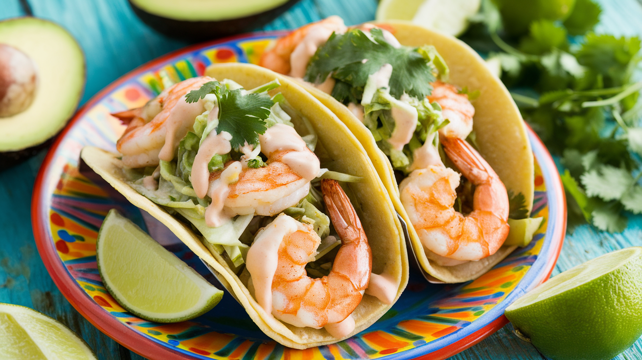 Shrimp tacos topped with vibrant cilantro lime slaw on a wooden serving board