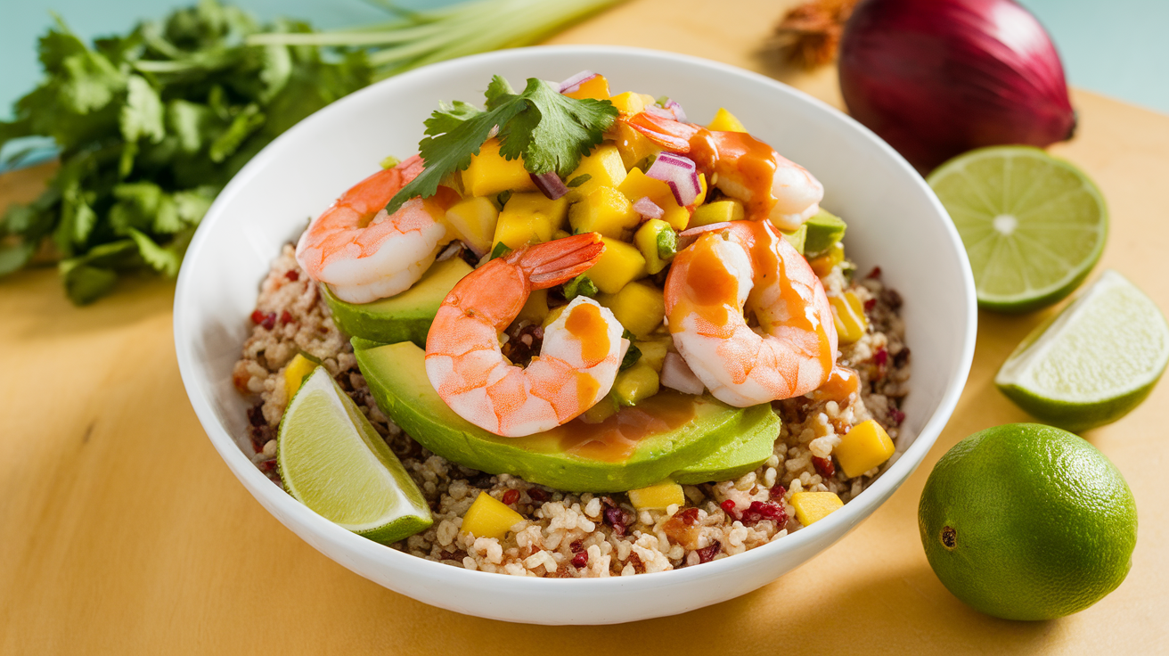 A vibrant shrimp and avocado bowl topped with fresh mango salsa and drizzled with lime-chili sauce, served in a rustic ceramic bowl.
