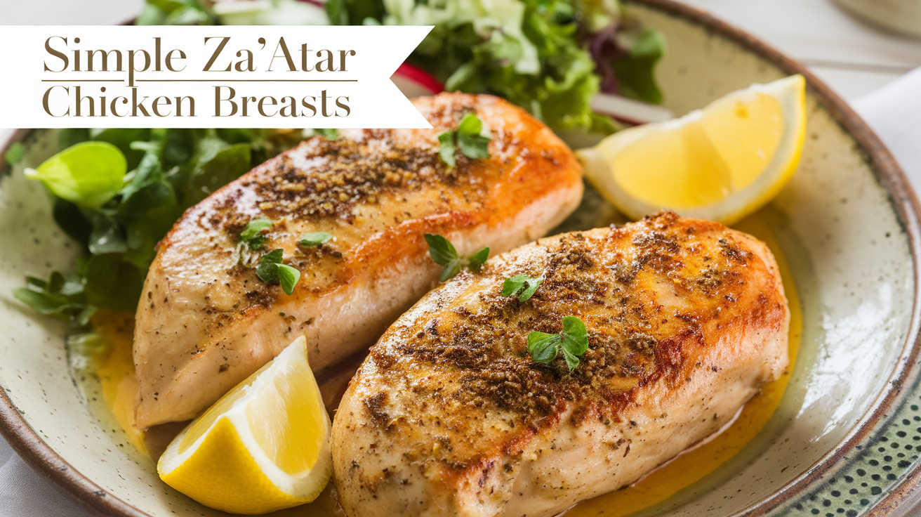 Grilled Za'atar-seasoned chicken breasts on a white plate garnished with fresh parsley and lemon wedges.