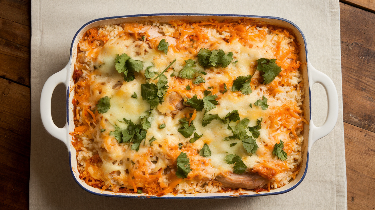 Slow cooker green chile chicken and rice casserole served in a white bowl with melted cheese on top