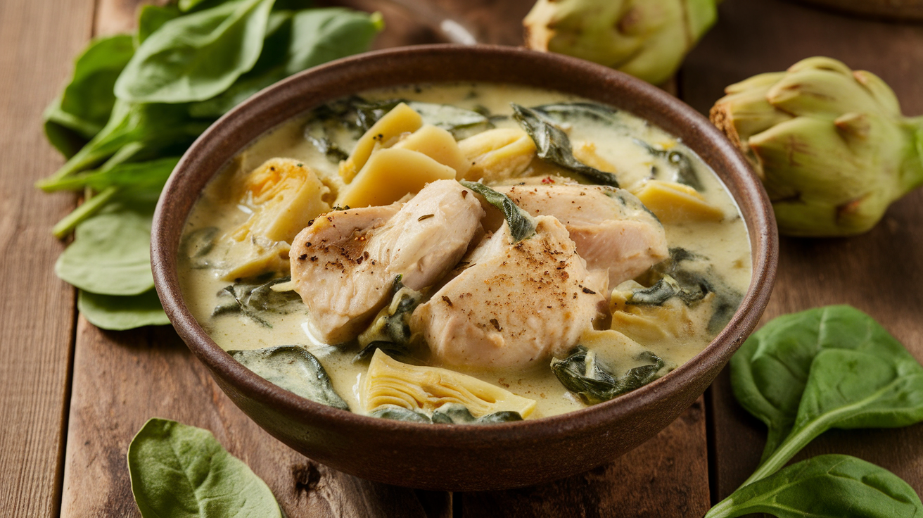 Slow cooker filled with creamy spinach and artichoke chicken stew, garnished with fresh herbs.