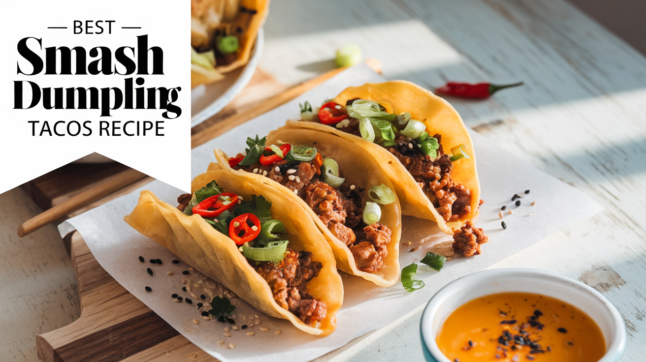 Close-up of crispy smash dumpling tacos filled with savory ground meat, fresh herbs, and a drizzle of chili oil on a wooden serving board.