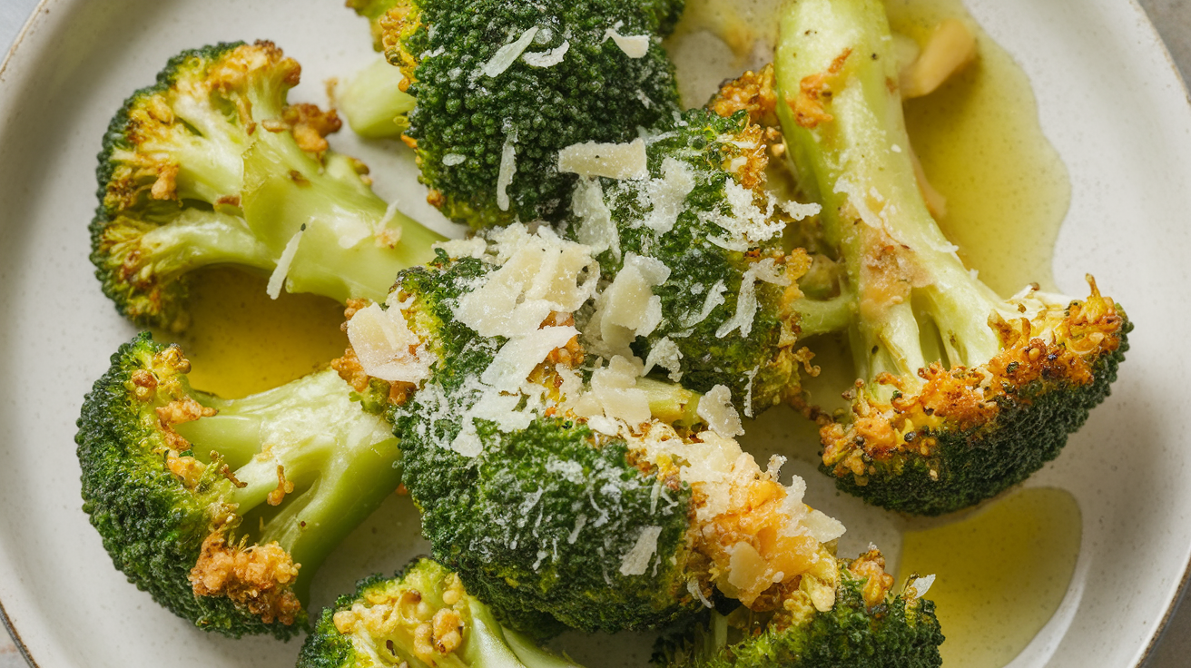 Close-up of smashed broccoli topped with grated Parmesan cheese and drizzled with garlic-infused olive oil on a white plate.