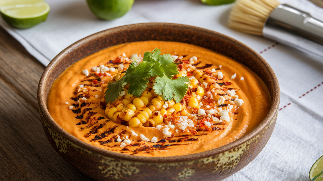A close-up of a creamy, smoky street corn dip garnished with fresh cilantro, crumbled cheese, and chili powder, served in a bowl with tortilla chips on the side.