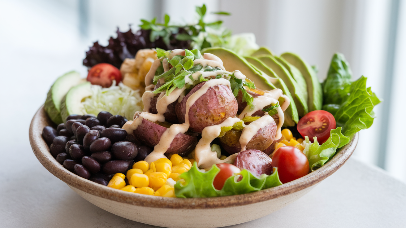Soft potato taco bowl topped with avocado, cherry tomatoes, and fresh cilantro in a white ceramic dish