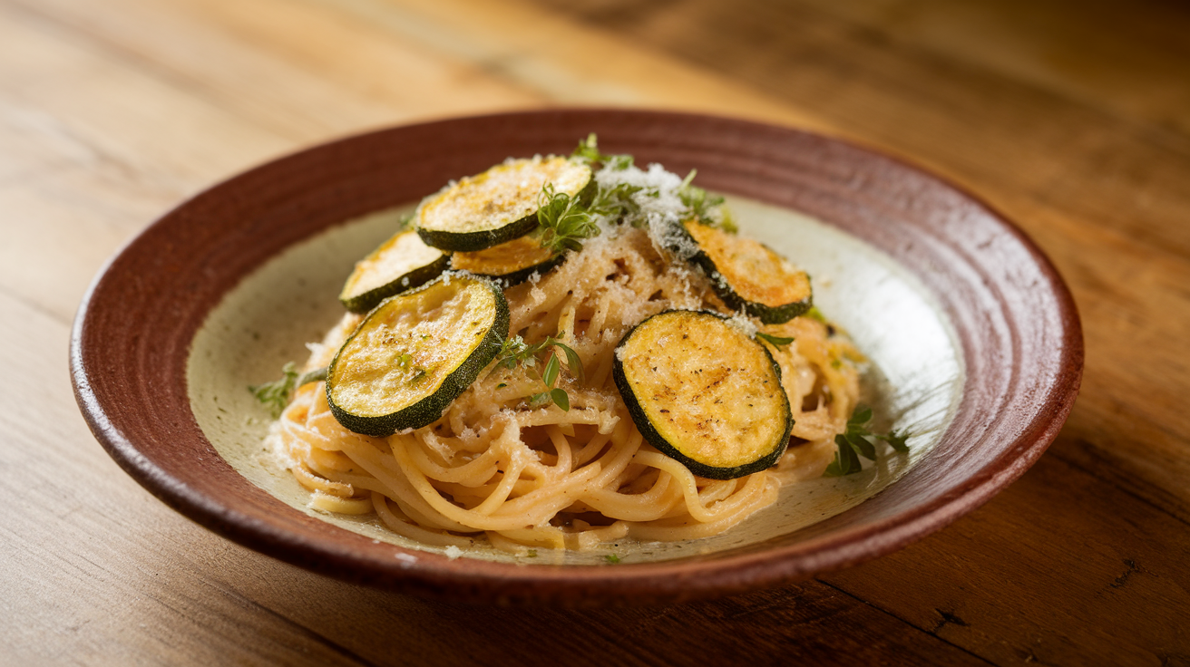 A plate of spaghetti topped with golden crispy zucchini slices and garnished with fresh herbs.