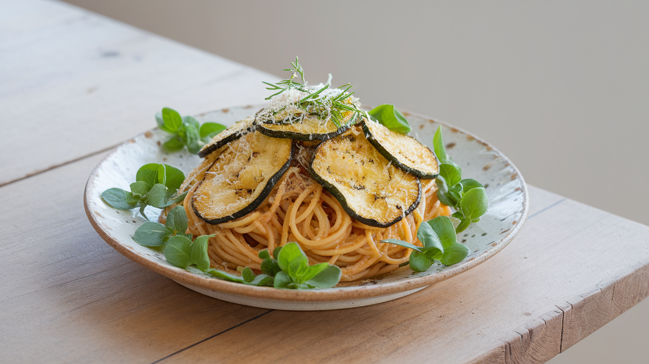 A plate of spaghetti pasta topped with golden crispy zucchini slices and garnished with fresh herbs.