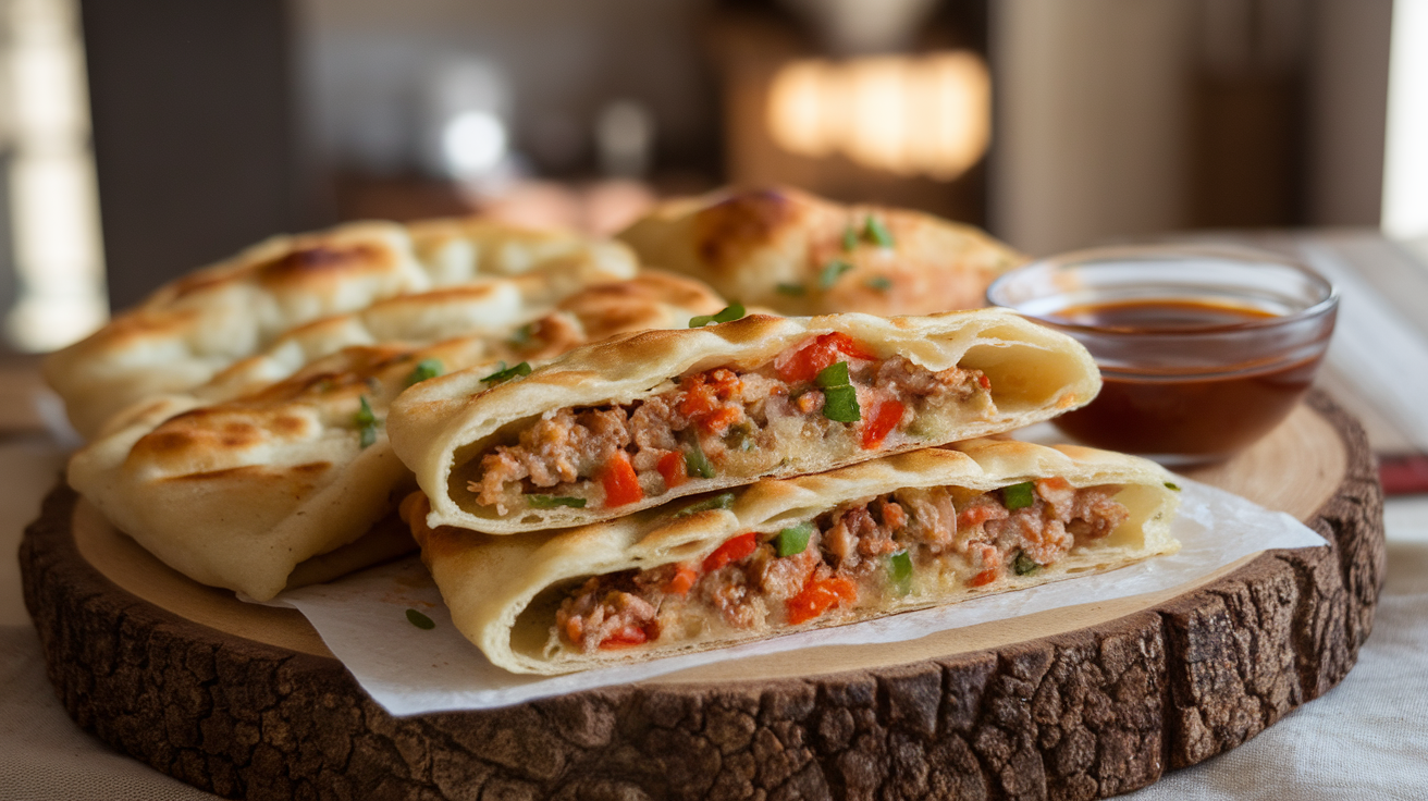 Golden-brown flatbreads stuffed with dumpling filling, cut in halves and served on a wooden board with dipping sauce on the side.