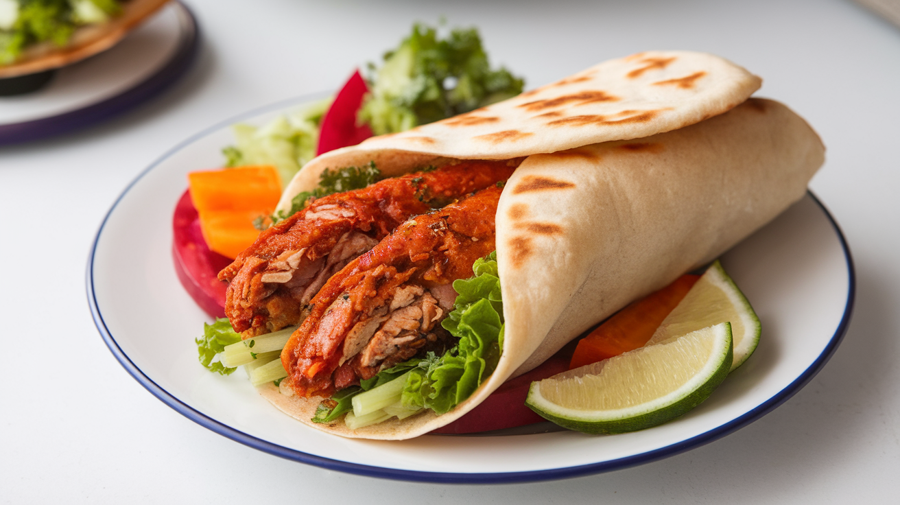 Grilled spicy chicken shawarma slices served with fresh vegetables and pita bread.