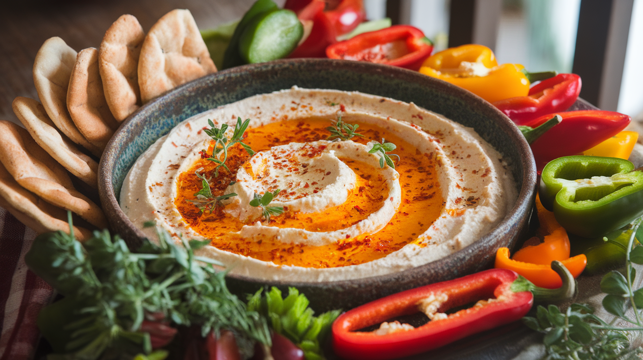 A bowl of creamy spicy feta pepper dip garnished with chopped herbs and red chili flakes, served with pita chips.