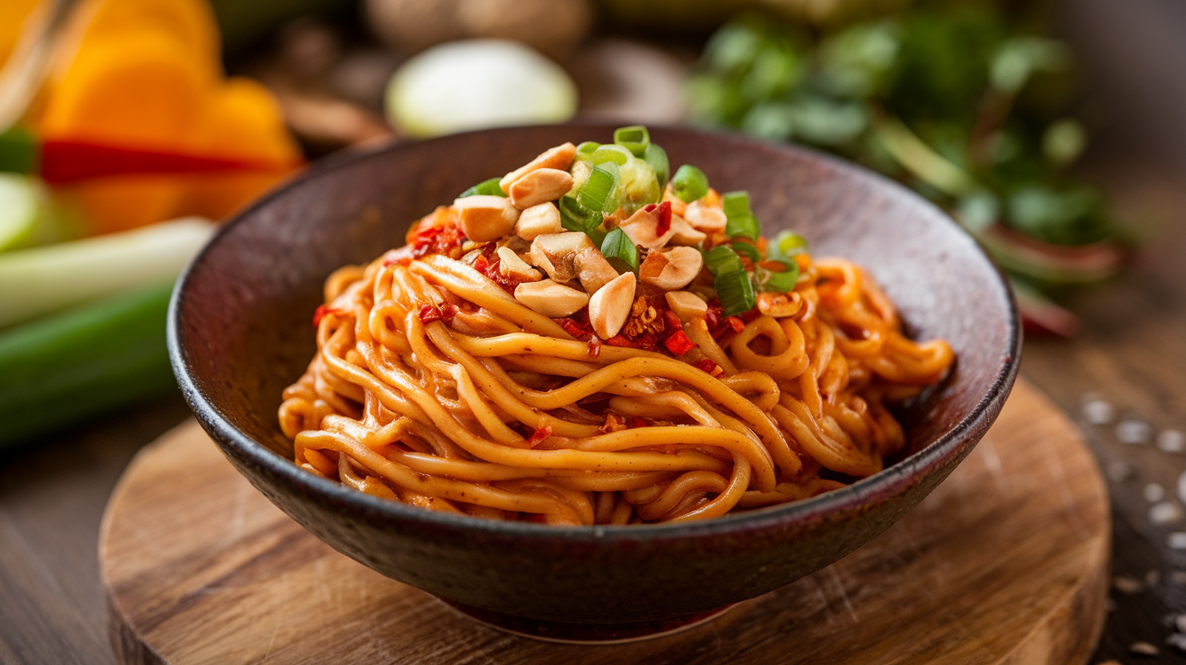 A bowl of spicy peanut butter noodles garnished with chopped peanuts, fresh cilantro, and sliced green onions.