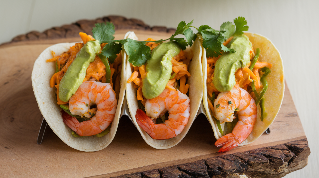Spicy shrimp tacos topped with fresh mango slaw and creamy avocado crema, served on soft corn tortillas.