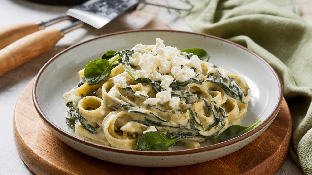 A creamy spinach goat cheese pasta dish garnished with fresh spinach leaves and a sprinkle of grated cheese.