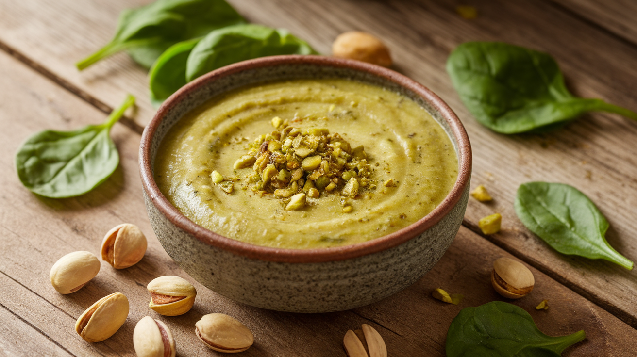 A bowl of creamy spinach potato soup topped with vibrant green pistachio gremolata and a drizzle of olive oil.