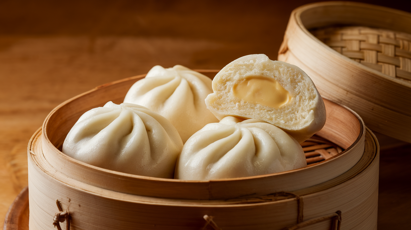 Steamed custard buns with soft, fluffy white dough and creamy yellow custard filling oozing out.