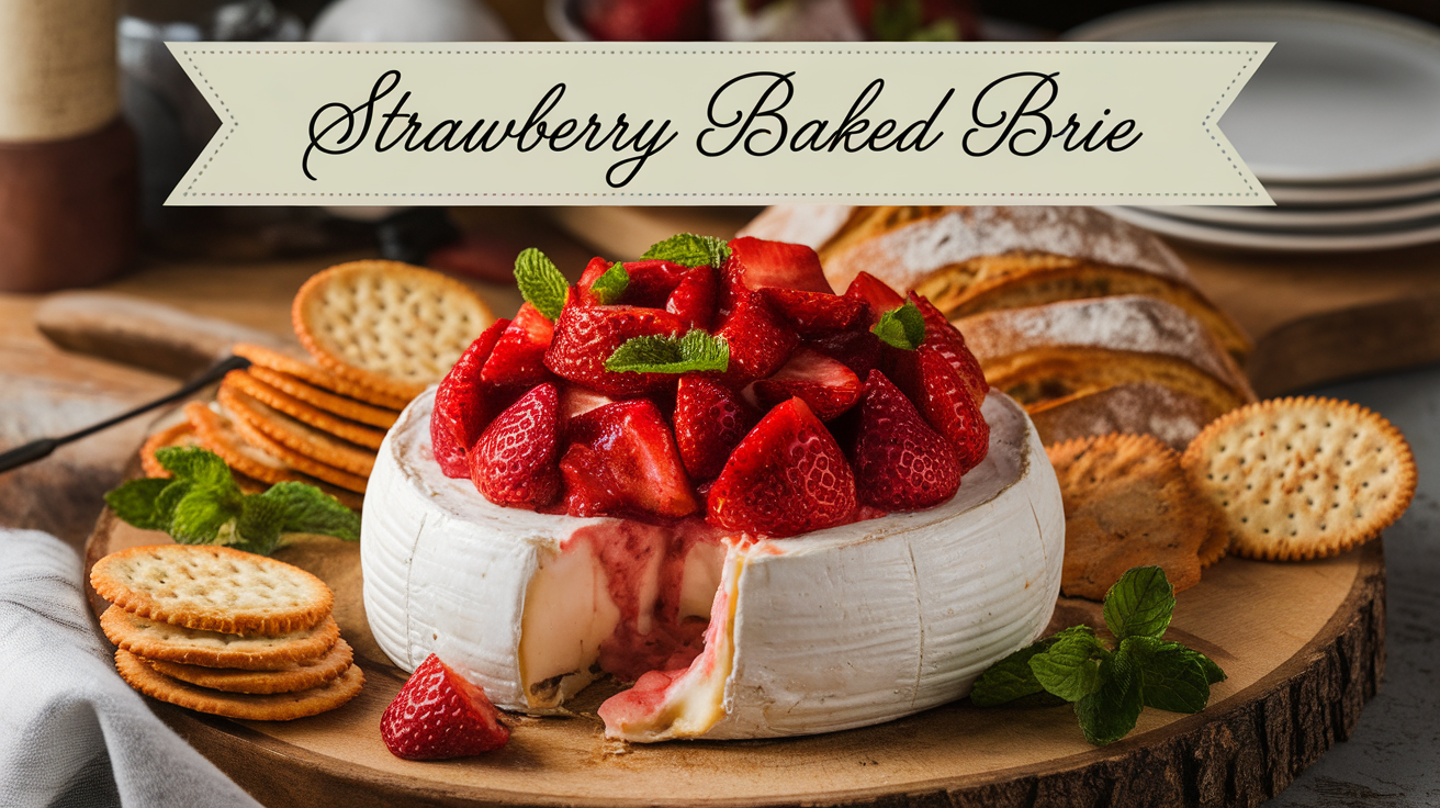 Golden baked Brie topped with fresh strawberries and a drizzle of honey, served on a rustic wooden board.