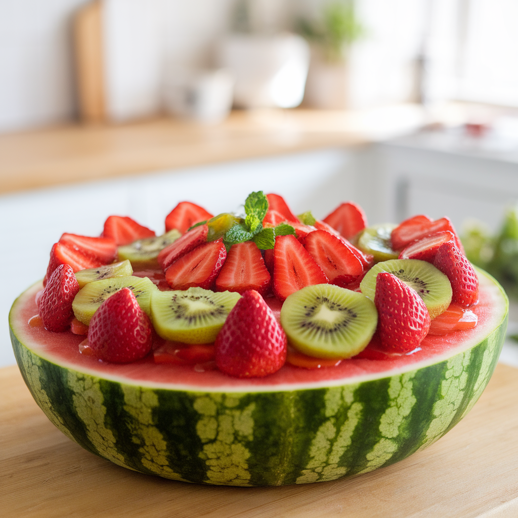 Freshly made strawberry kiwi fruit pizza with watermelon topping, served on a wooden board.