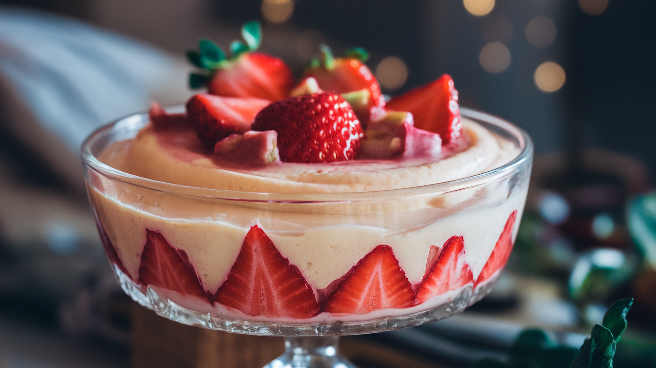 A creamy custard topped with fresh strawberry and rhubarb compote in a clear glass bowl.