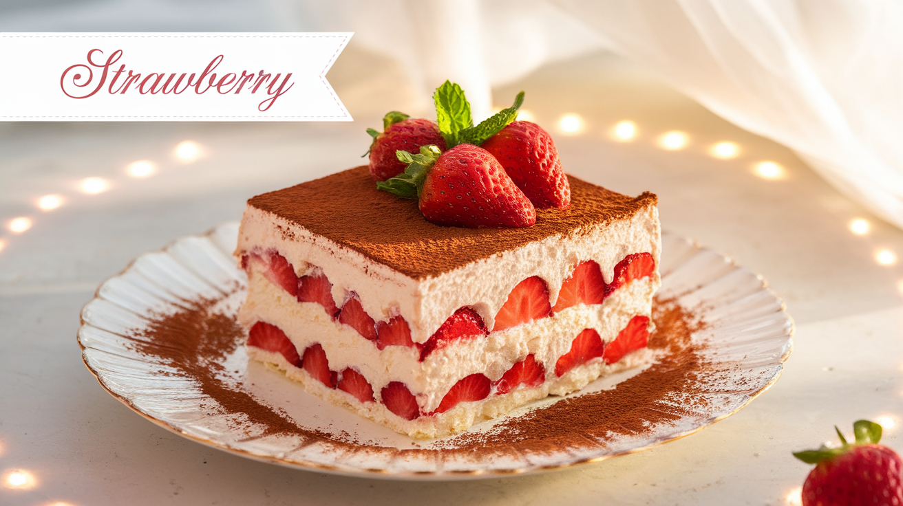 A delicious serving of strawberry tiramisu with layers of creamy mascarpone, fresh strawberries, and a dusting of cocoa powder.