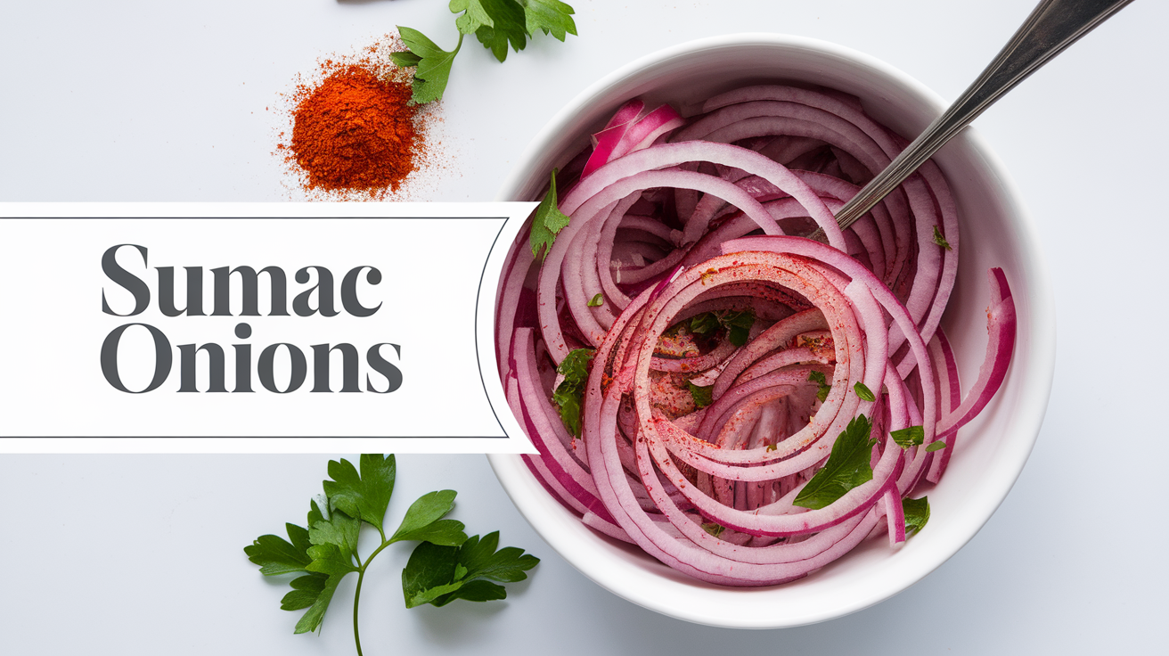 Close-up image of sumac-seasoned onions, showing the deep red-brown color of the seasoning mixed with the thin, sliced onions.