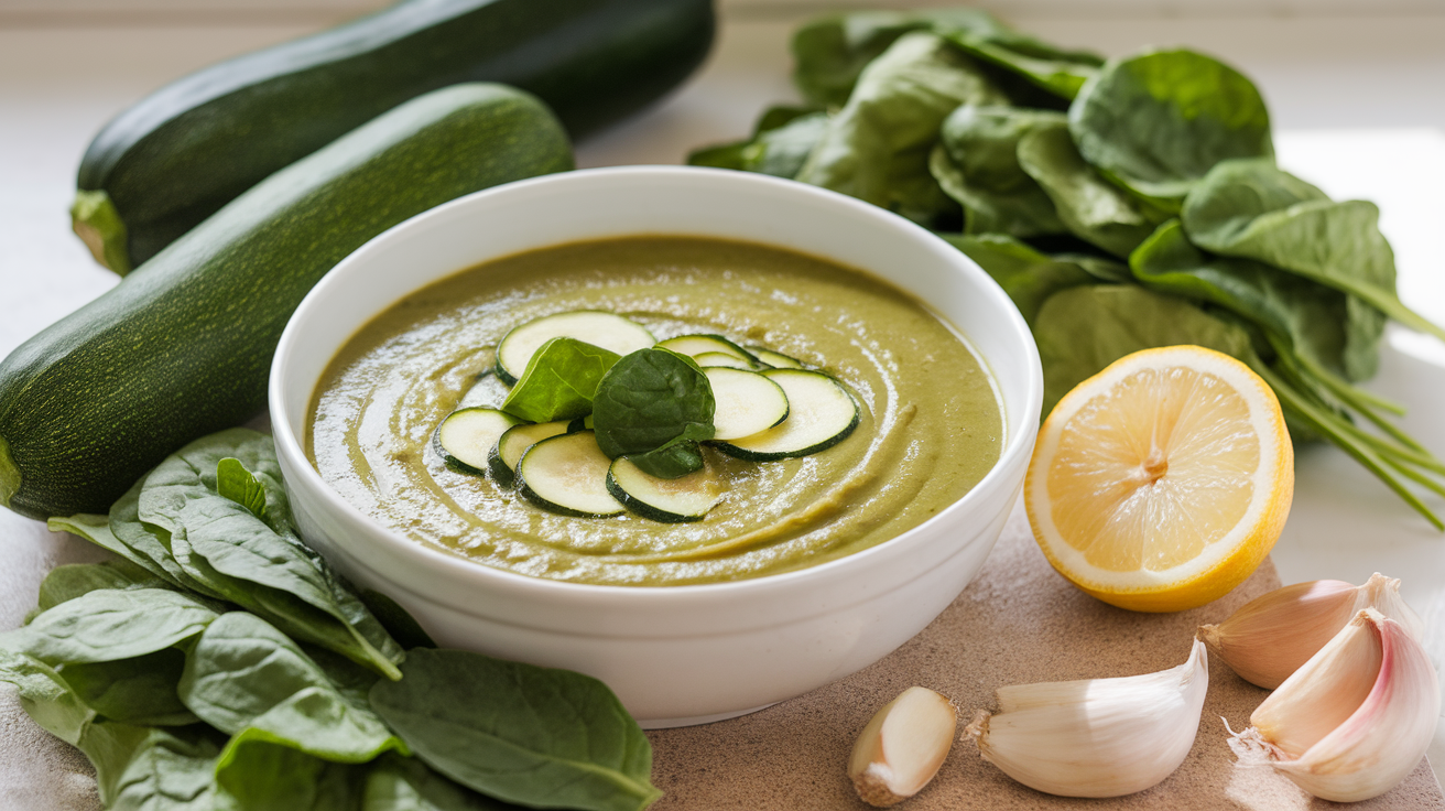 A bowl of vibrant green summer spinach and zucchini soup garnished with fresh herbs and a drizzle of olive oil.