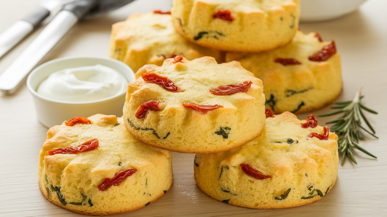 Golden-brown egg biscuits filled with sun-dried tomatoes and spinach, served on a white plate with fresh herbs.