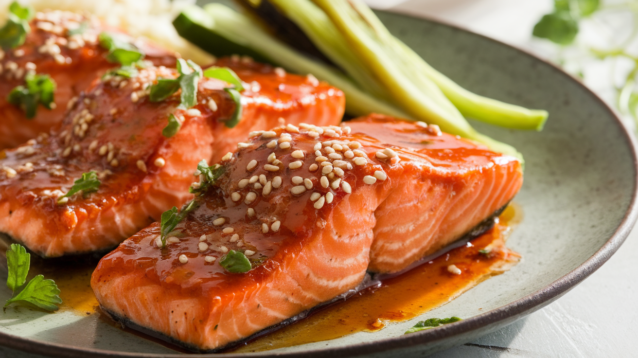 Grilled salmon fillet glazed with sweet chili and sriracha sauce, garnished with sesame seeds and fresh herbs.