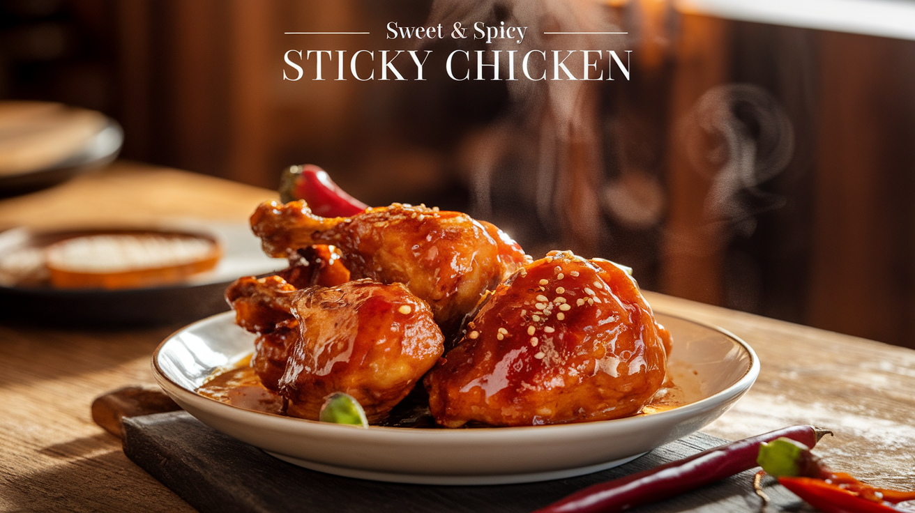 A close-up of tender, glazed chicken pieces coated in a sweet and spicy sticky sauce, garnished with sesame seeds and chopped green onions.