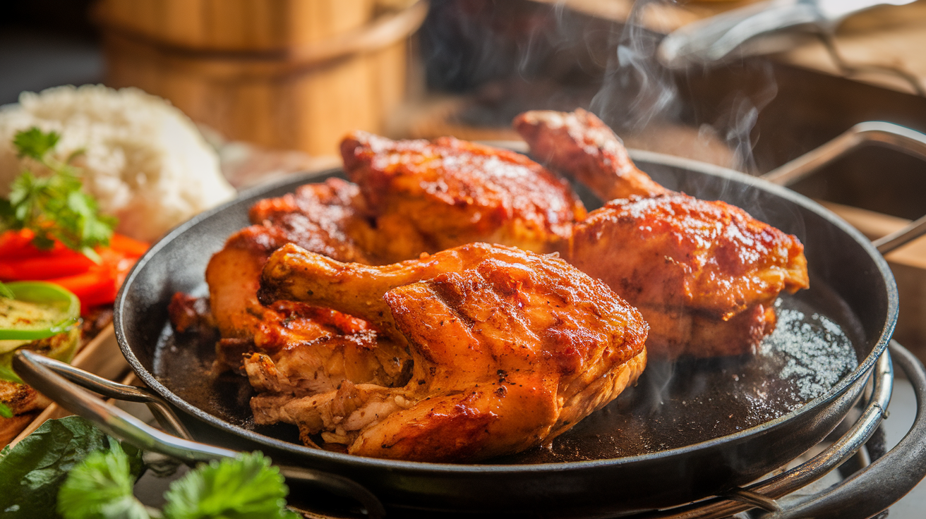 A plate of sweet and spicy grilled chicken garnished with fresh herbs and served with a side of grilled vegetables.