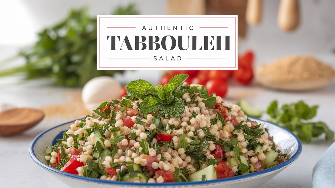 A vibrant and fresh bowl of authentic tabbouleh salad featuring chopped parsley, tomatoes, cucumbers, onions, and a drizzle of olive oil, served on a rustic wooden table.