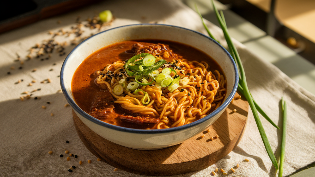 A steaming bowl of creamy tahini and miso ramen topped with soft-boiled egg, green onions, and sesame seeds.
