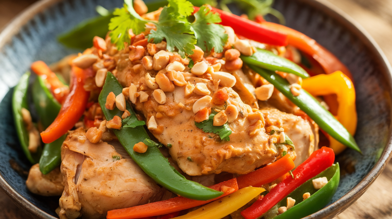 A colorful Thai peanut chicken stir-fry with sliced chicken, bell peppers, broccoli, and carrots tossed in a rich peanut sauce, served over white rice in a ceramic bowl.