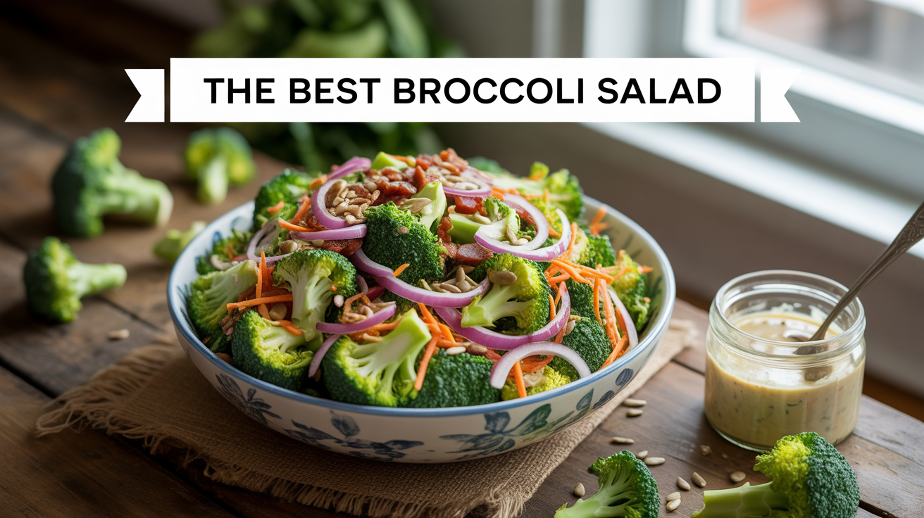 Fresh broccoli salad with vibrant vegetables, creamy dressing, and crispy bacon bits.