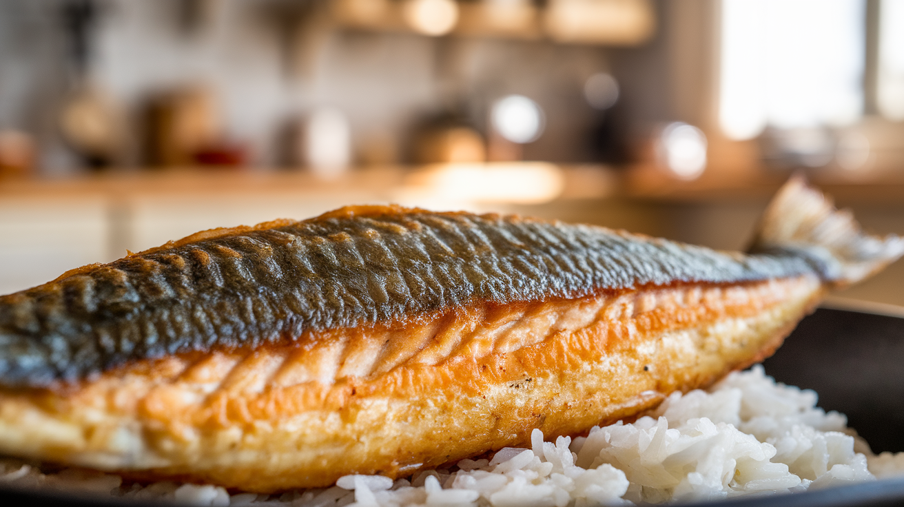 Golden-brown pan-fried fish fillet sizzling in a cast-iron skillet with herbs and lemon slices.