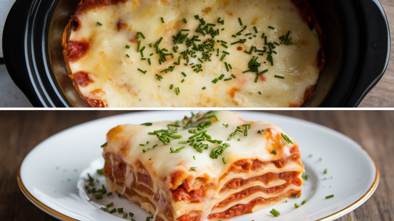 A steaming crockpot filled with layered vegan lasagna made with tomato sauce, plant-based cheese, spinach, and pasta sheets.