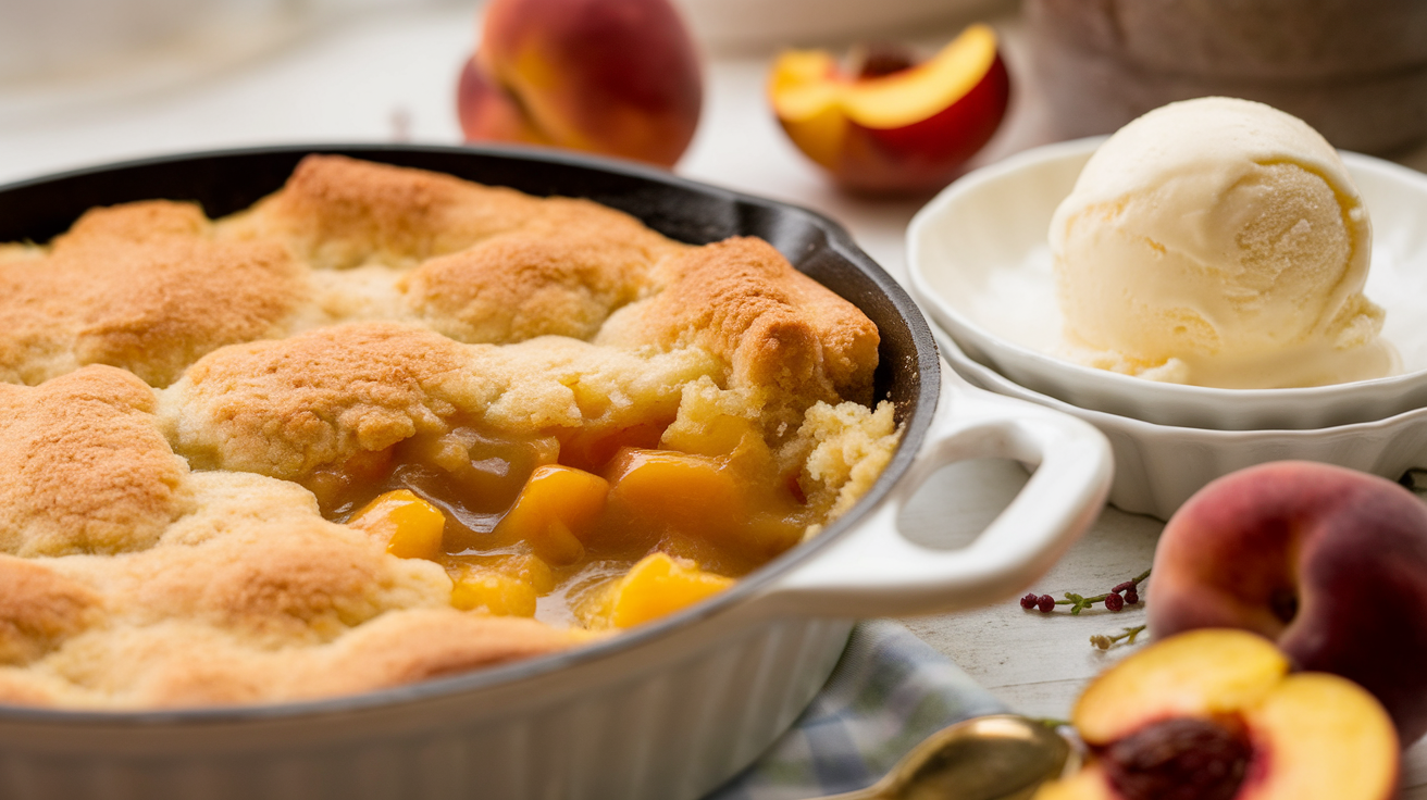 A golden-brown Southern peach cobbler in a white baking dish, with bubbling peach filling and a crispy biscuit topping.