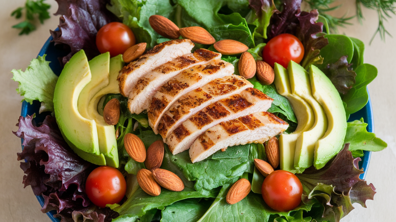 A fresh, vibrant salad bowl filled with mixed greens, cherry tomatoes, avocado slices, grilled chicken, and sprinkled with nuts, representing a healthy and delicious meal.